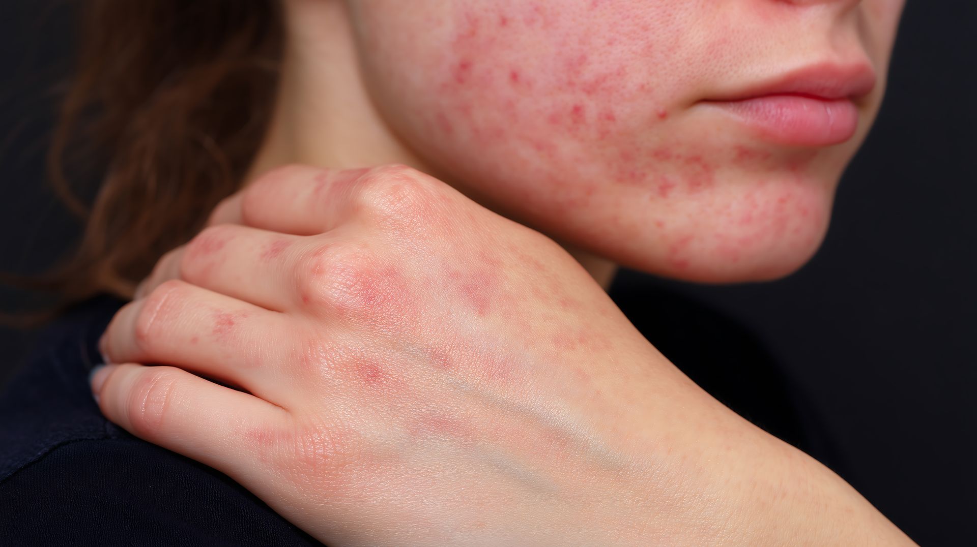 Close-up of inflammatory skin condition on jawline; contact dermatology services for help.