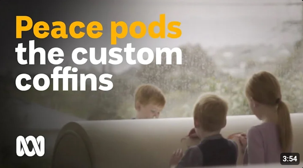 Three children are decorating a funeral casket with colouring in and the words PeacePods the custom coffins is above them