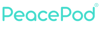 The peacepod logo is blue and white on a white background.
