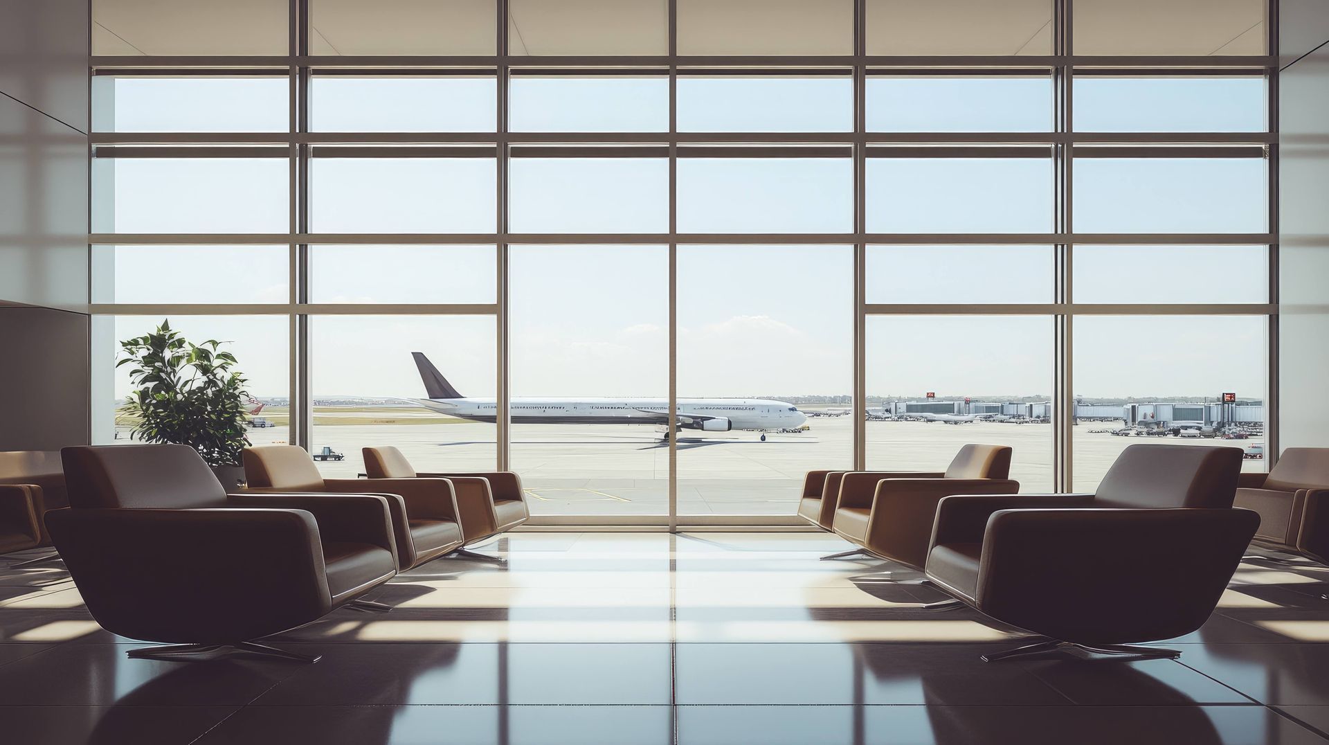 Empty airport lounge with dark chairs and large windows overlooking airplanes on the tarmac
