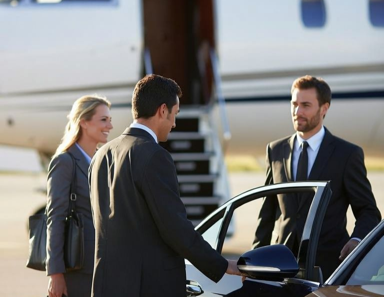Man in a gray suit pulling a suitcase toward a private jet on an airport tarmac