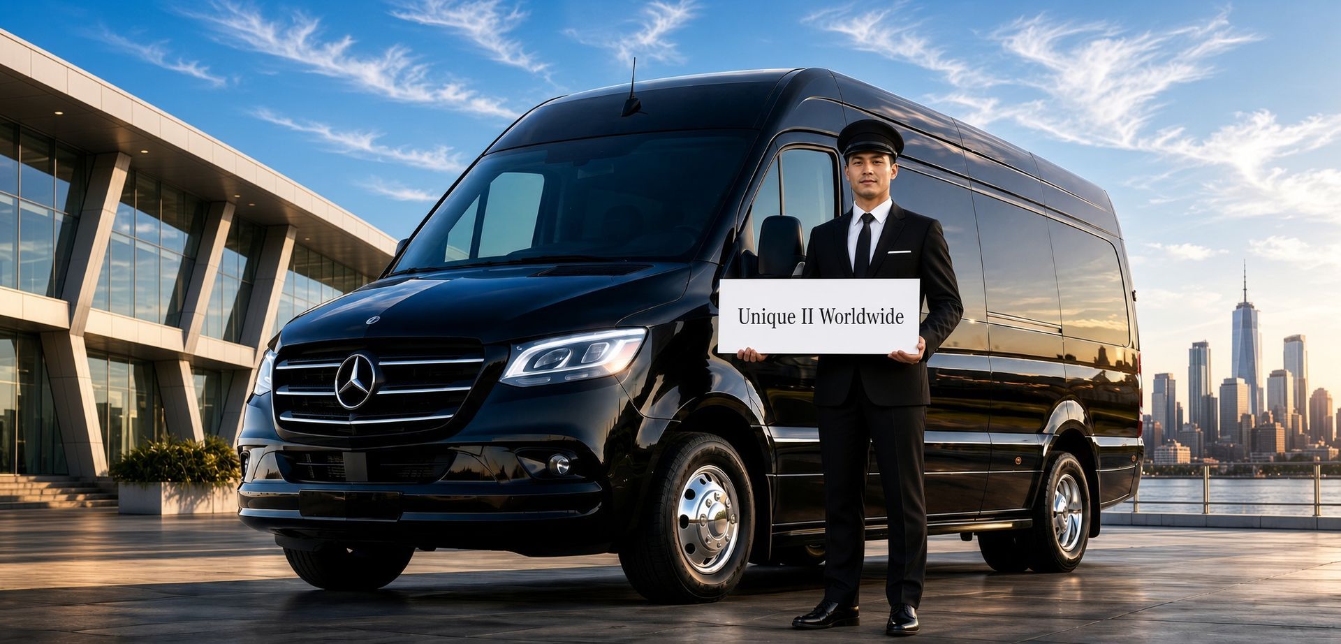 Black Mercedes van with chauffeur holding a sign on a city street at sunset