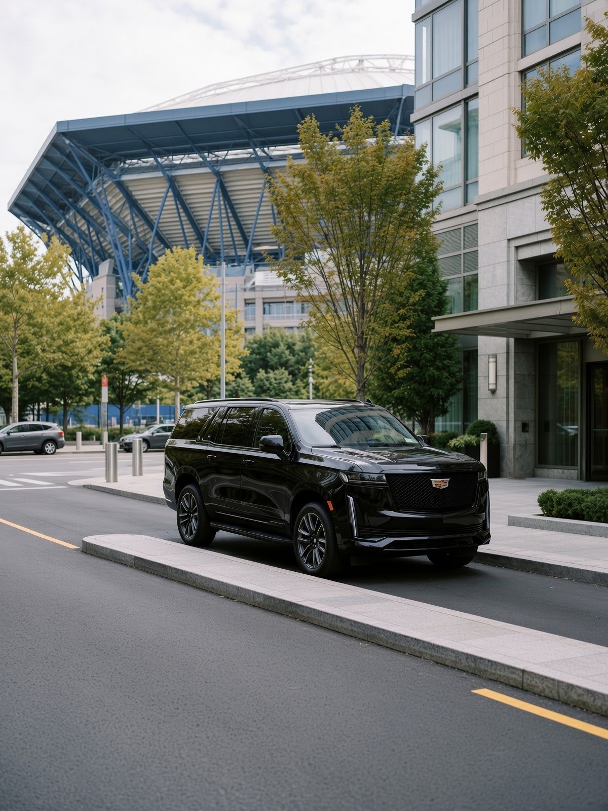 Black SUV parked on a city street beside modern glass buildings and trees.