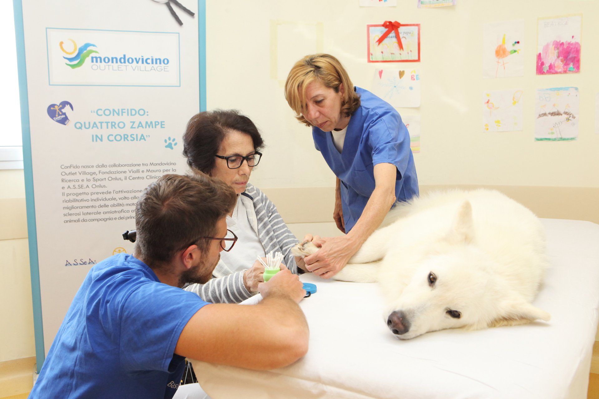 Le persone si prendono cura di un cane in una struttura. Una persona gli taglia le unghie mentre gli altri guardano. È visibile un manifesto.