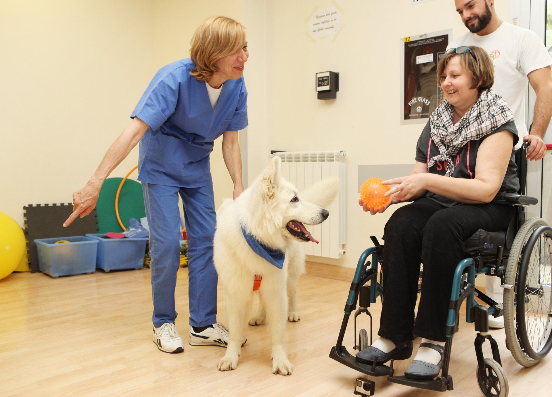 Terapista e assistente con un cane da assistenza interagiscono con una donna su sedia a rotelle, in un ambiente interno.