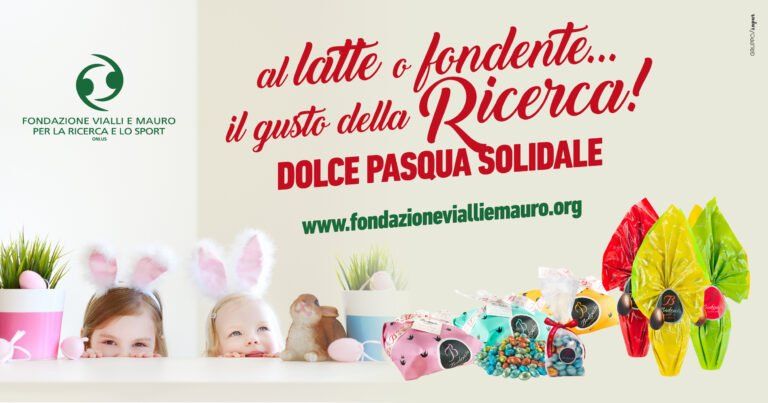 Pubblicità a tema pasquale con bambini, uova decorate e dolcetti di cioccolato incartati per la ricerca benefica.
