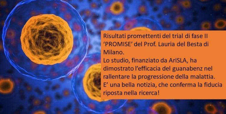 Cellule con testo arancione sulla destra che annunciano promettenti risultati della sperimentazione di fase II sul guanabenz, finanziata da AriSLA.