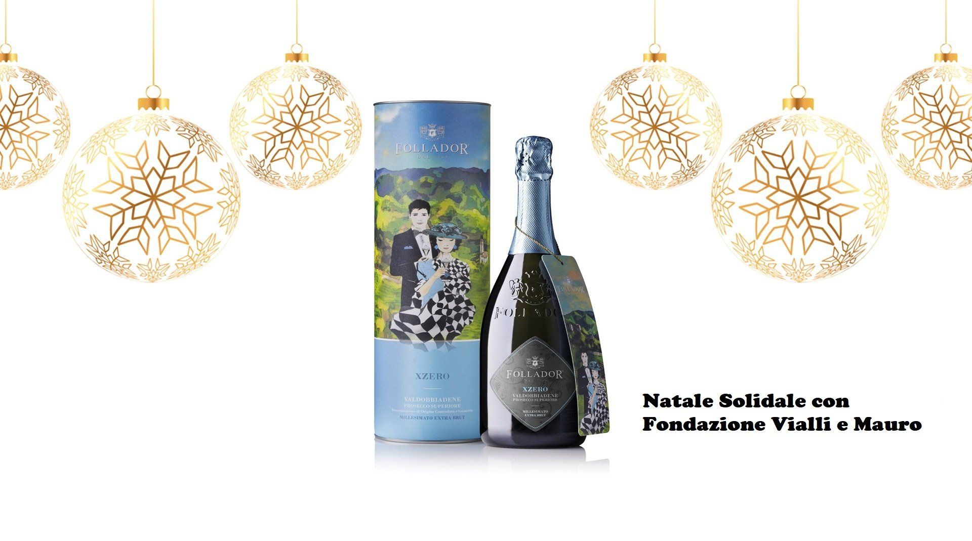 Bottiglia di champagne e scatola regalo con decorazioni natalizie. Testo: 