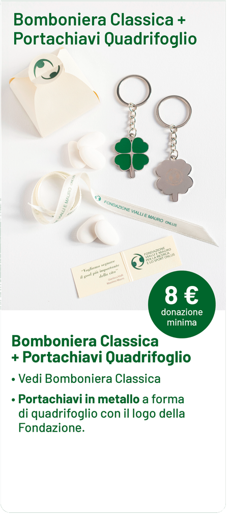 Bomboniera Classica con portachiavi a forma di trifoglio. Prezzo: 8€.