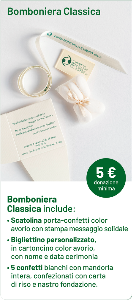 Una classica confezione bomboniera include coriandoli color avorio, un biglietto personalizzato e coriandoli.