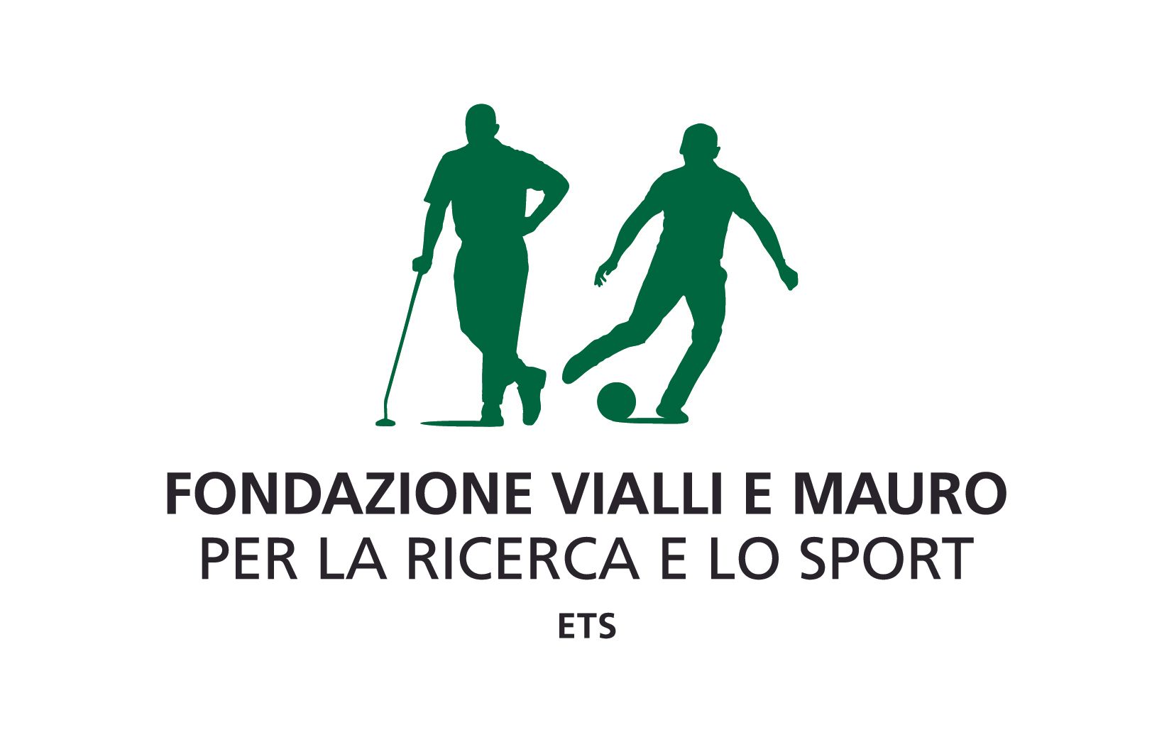 Green figures playing golf and soccer. Text: Fondazione Vialli e Mauro.