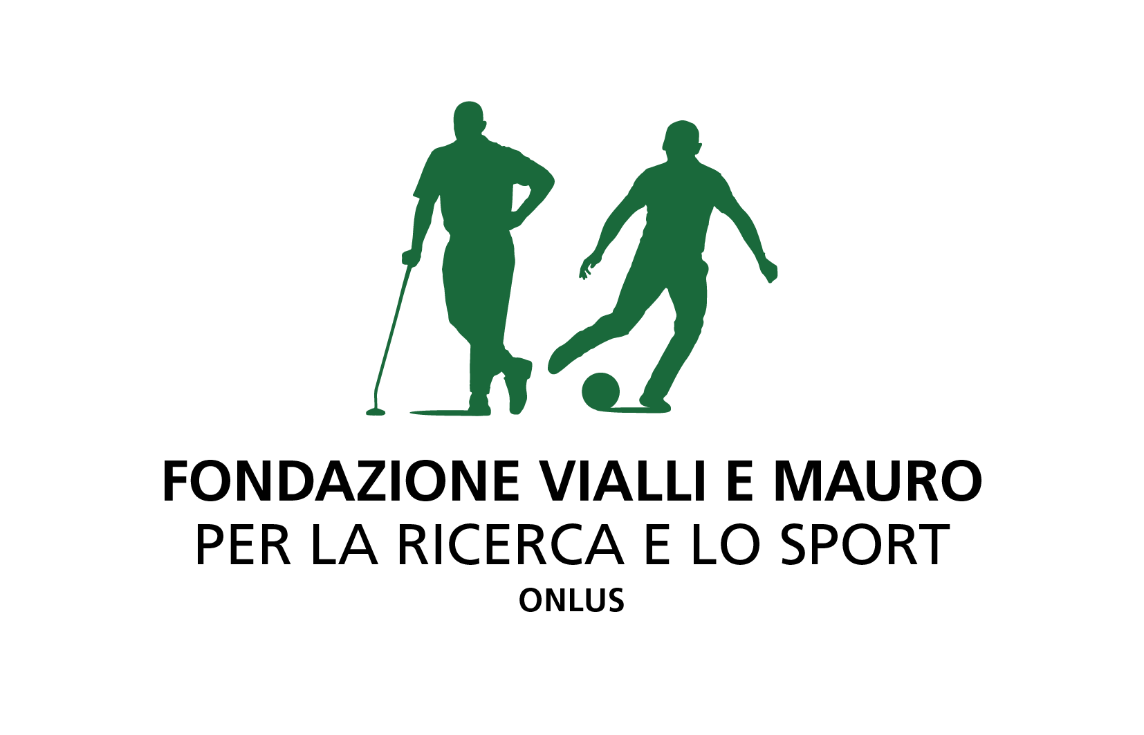 Green figures playing golf and soccer. Text: Fondazione Vialli e Mauro.