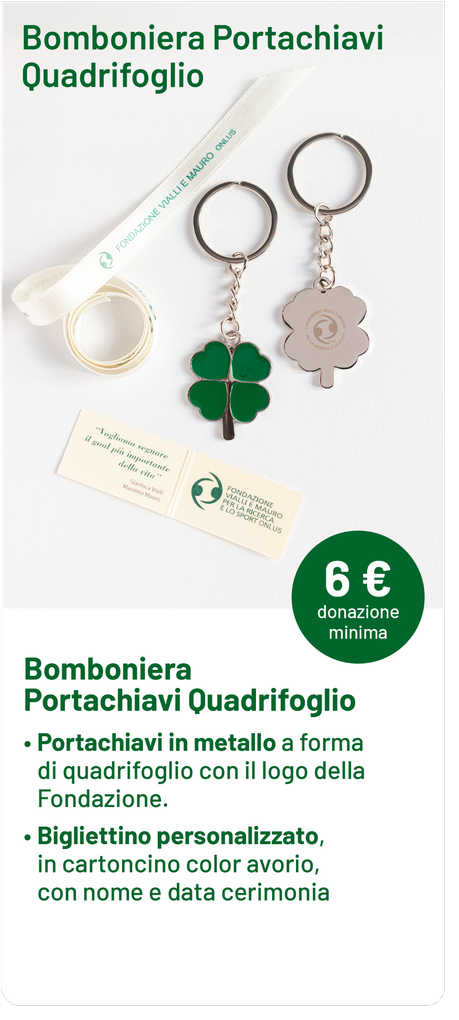Portachiavi con disegno a quadrifoglio, prezzo 6 €, con bigliettini personalizzati.