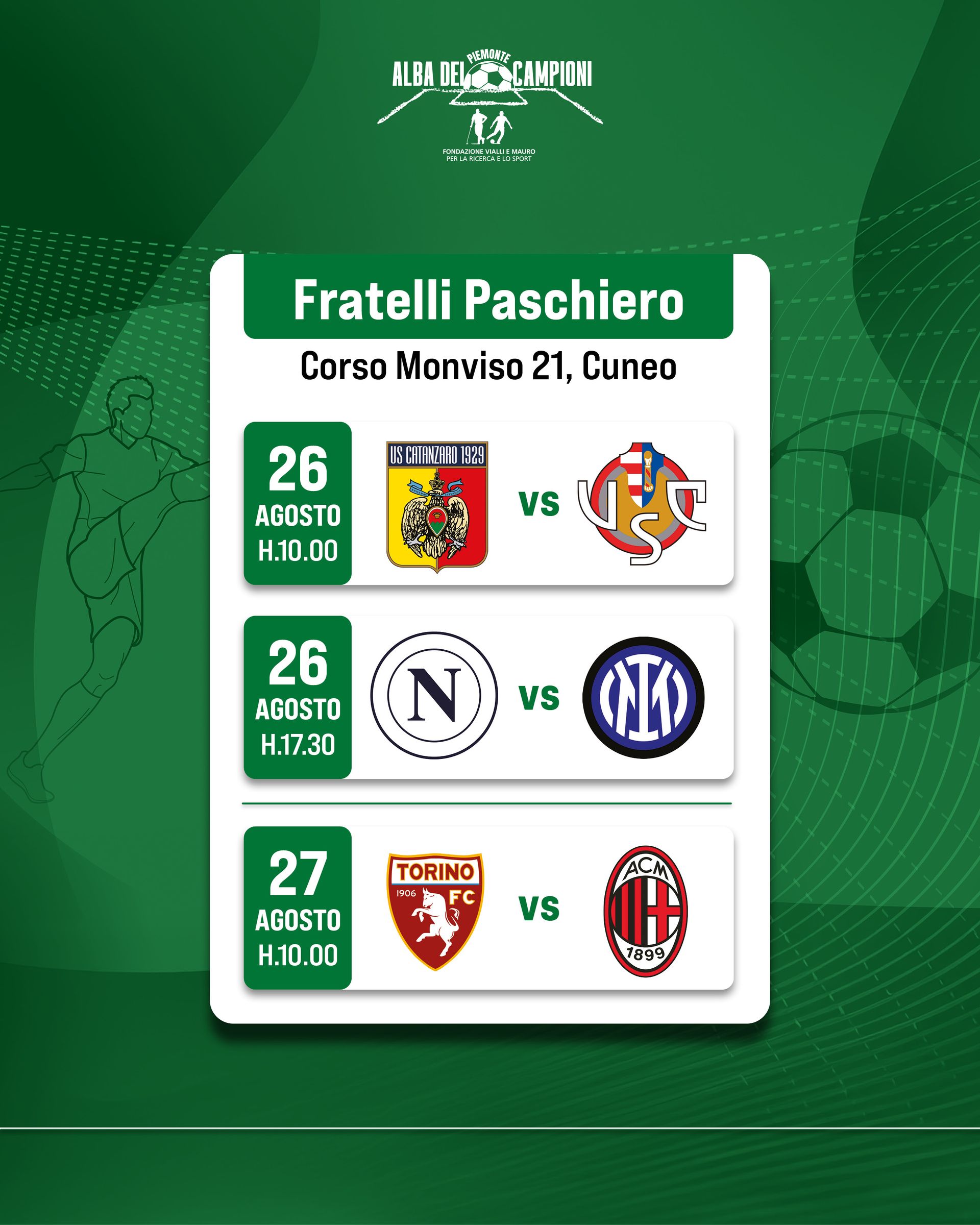 Manifesto per il Torneo di Calcio Under 16 Alba dei Campioni, a supporto della ricerca. Colori verde e bianco con loghi.