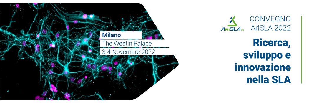 Pubblicità per convegno con sfondo astratto verde acqua e rosa. Il testo a sinistra include città e data. Testo a destra: Ricerca e innovazione nella SLA.