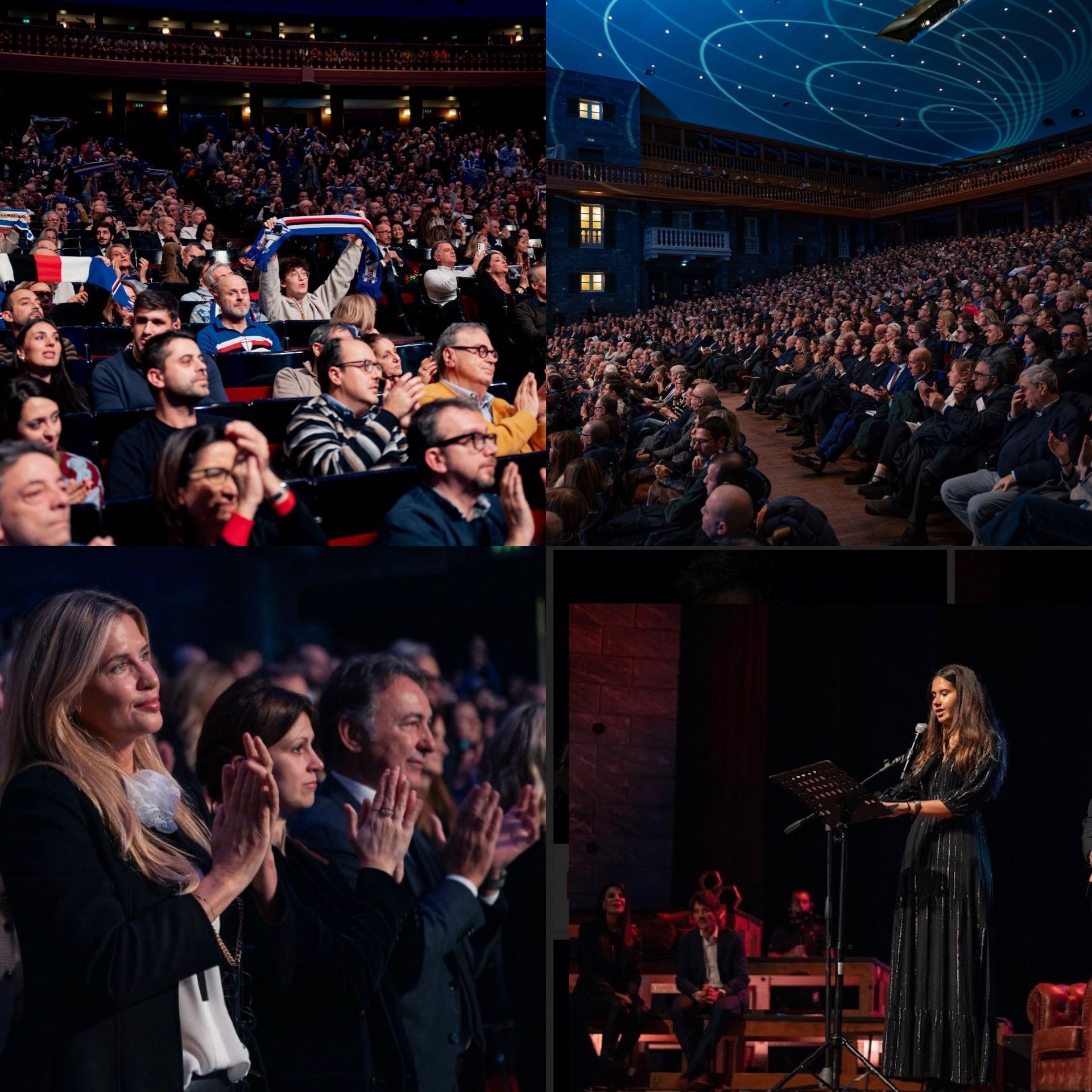 Quattro foto: pubblico in diverse situazioni. Uno applaude a un evento sportivo, due assistono a uno spettacolo, uno è seduto a teatro e uno applaude un artista sul palco.