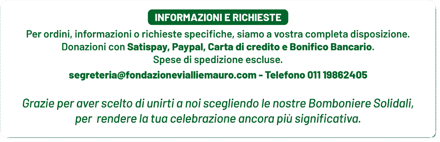 Casella di testo verde con informazioni di contatto per ordini, donazioni e spedizioni. Include un indirizzo email e un numero di telefono.