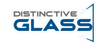 A logo featuring the text "DISTINCTIVE" in grey and "GLASS" in bold blue, next to a blue geometric graphic.