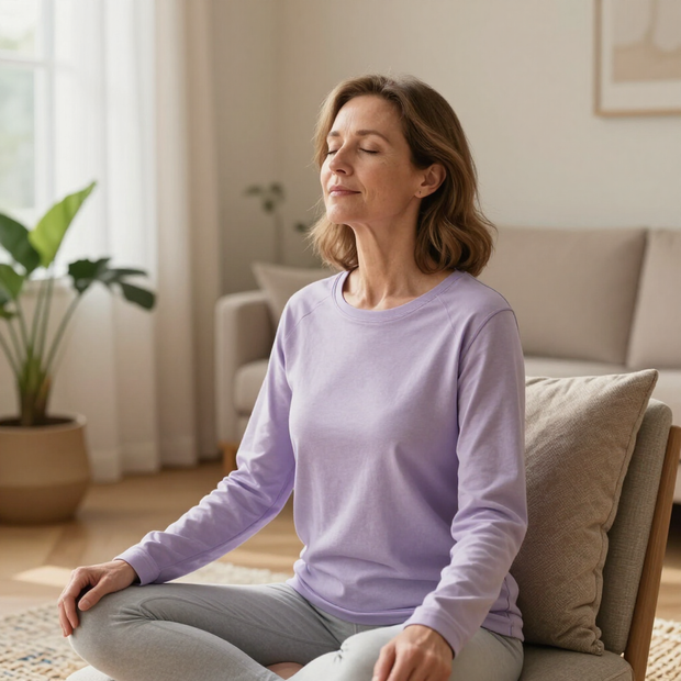 Una persona medita su un divano in un luminoso soggiorno, con gli occhi chiusi, indossando un maglione color lavanda.