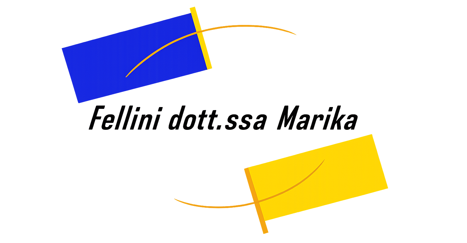 Logo con forme inclinate blu e gialle e la scritta “fellini dott.ssa Marika”