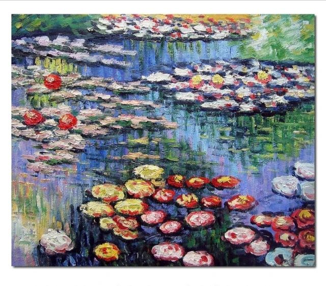 Dipinto impressionista dai colori vivaci raffigurante ninfee galleggianti su uno stagno con acqua blu e fiori rosa, gialli e rossi.