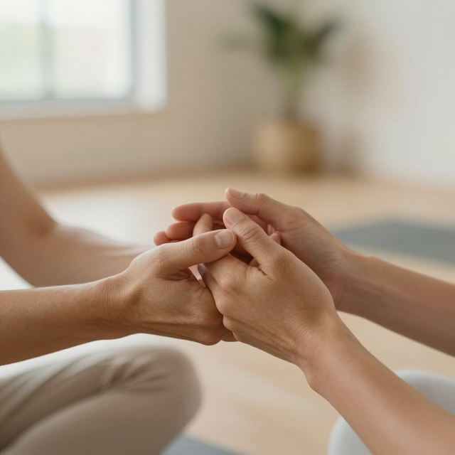 Due persone si tengono delicatamente per mano in una stanza illuminata da una luce soffusa.
