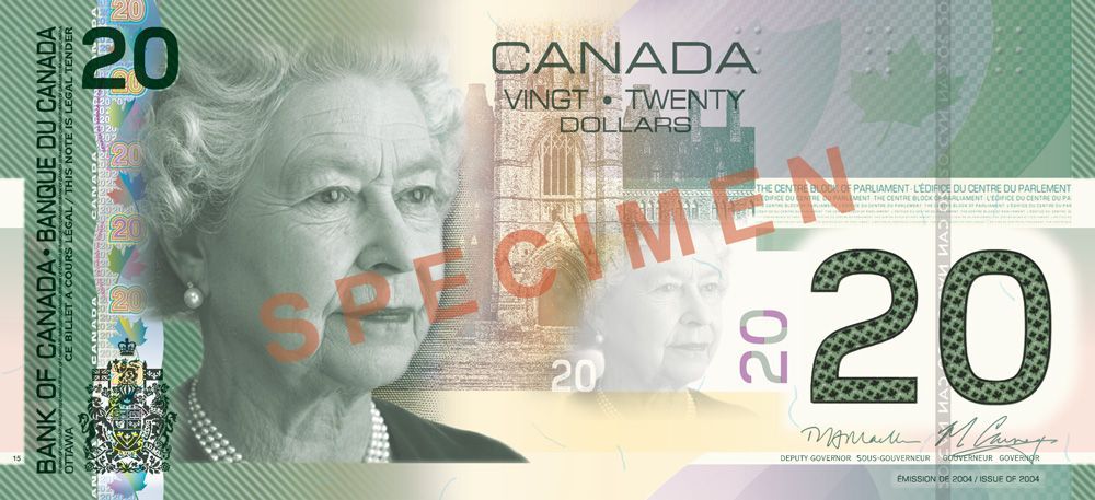 A canadian 20 dollar bill with queen elizabeth ii on it