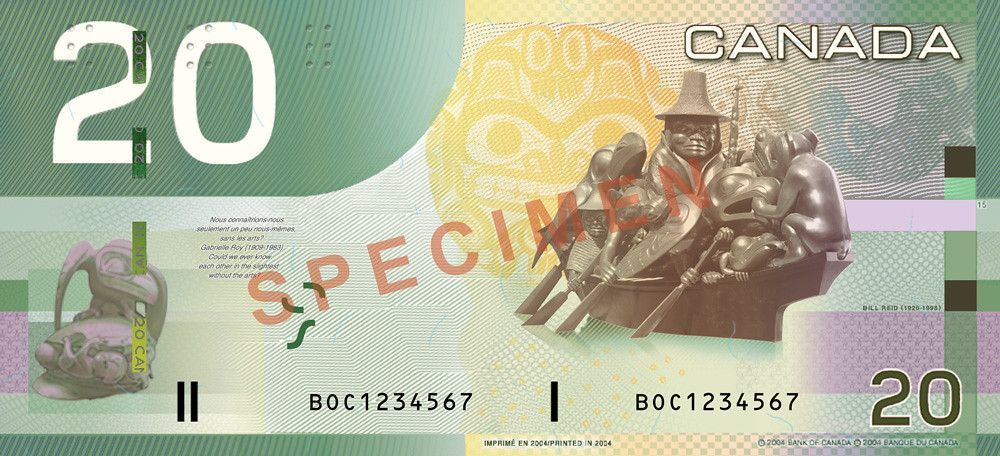 A 20 canadian dollar bill with a statue on it