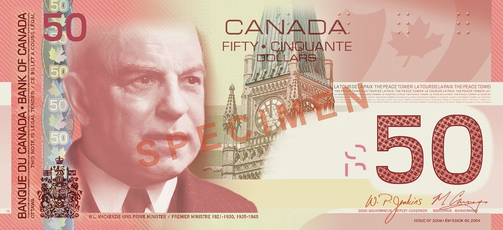 A 50 canadian dollar bill with a man on it