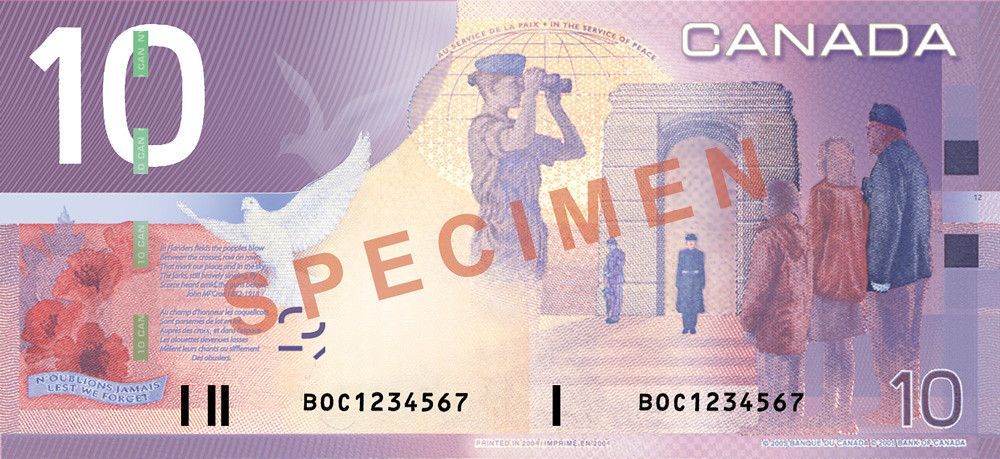 A close up of a canadian 10 dollar bill