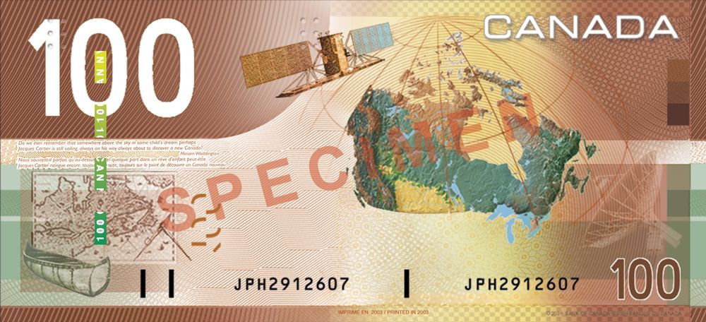 A 100 dollar bill from canada with a map on it