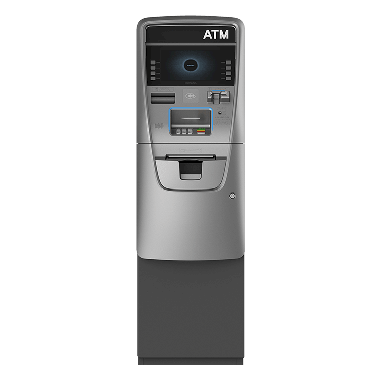 A gray atm machine with a black base on a white background.