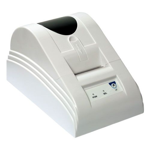 A white printer with a blue circle on it