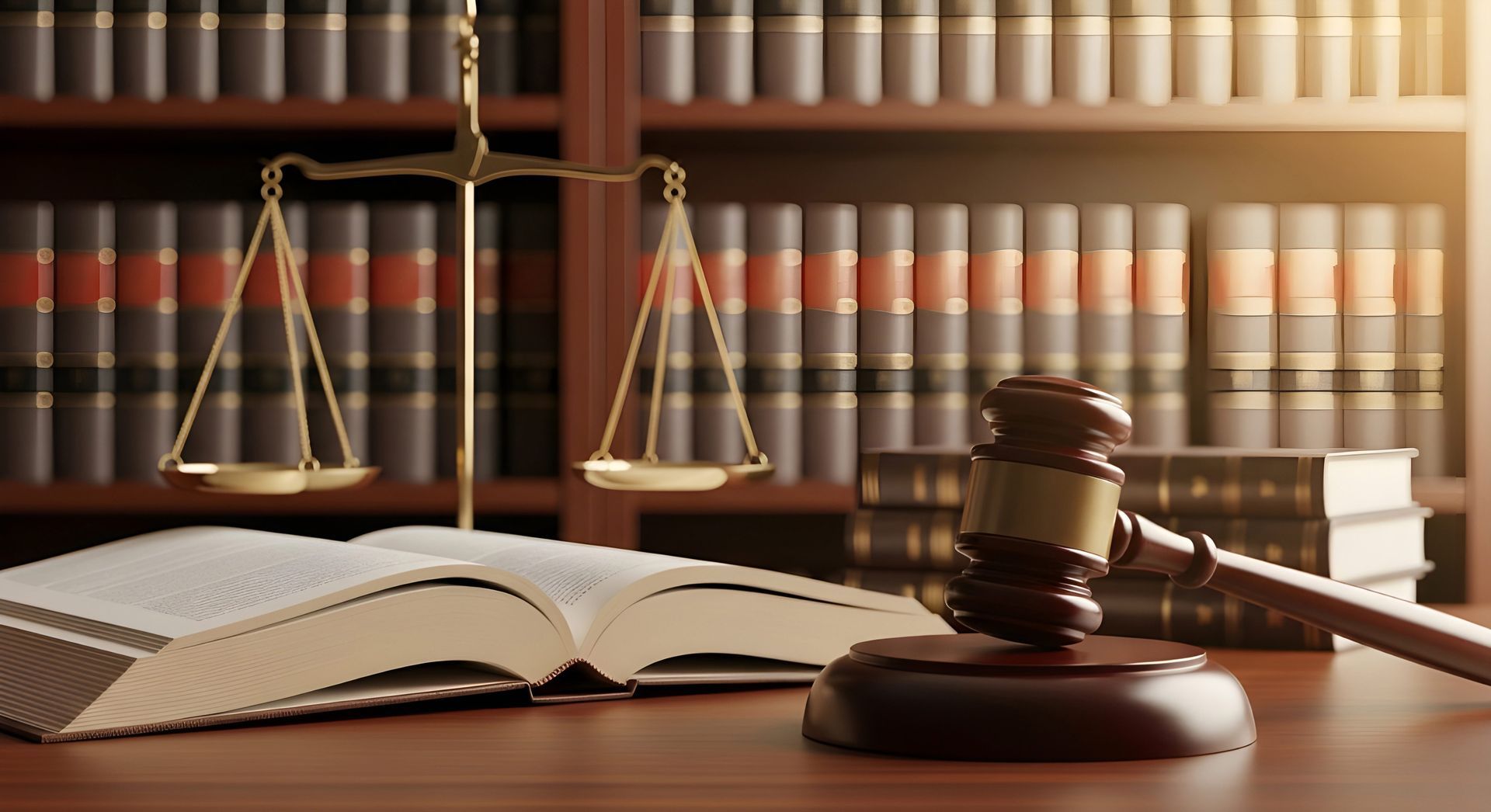 Legal setting featuring an open law book, a wooden judge's gavel resting on a sound block, and a balanced scale of justice in front of shelves filled with law books.