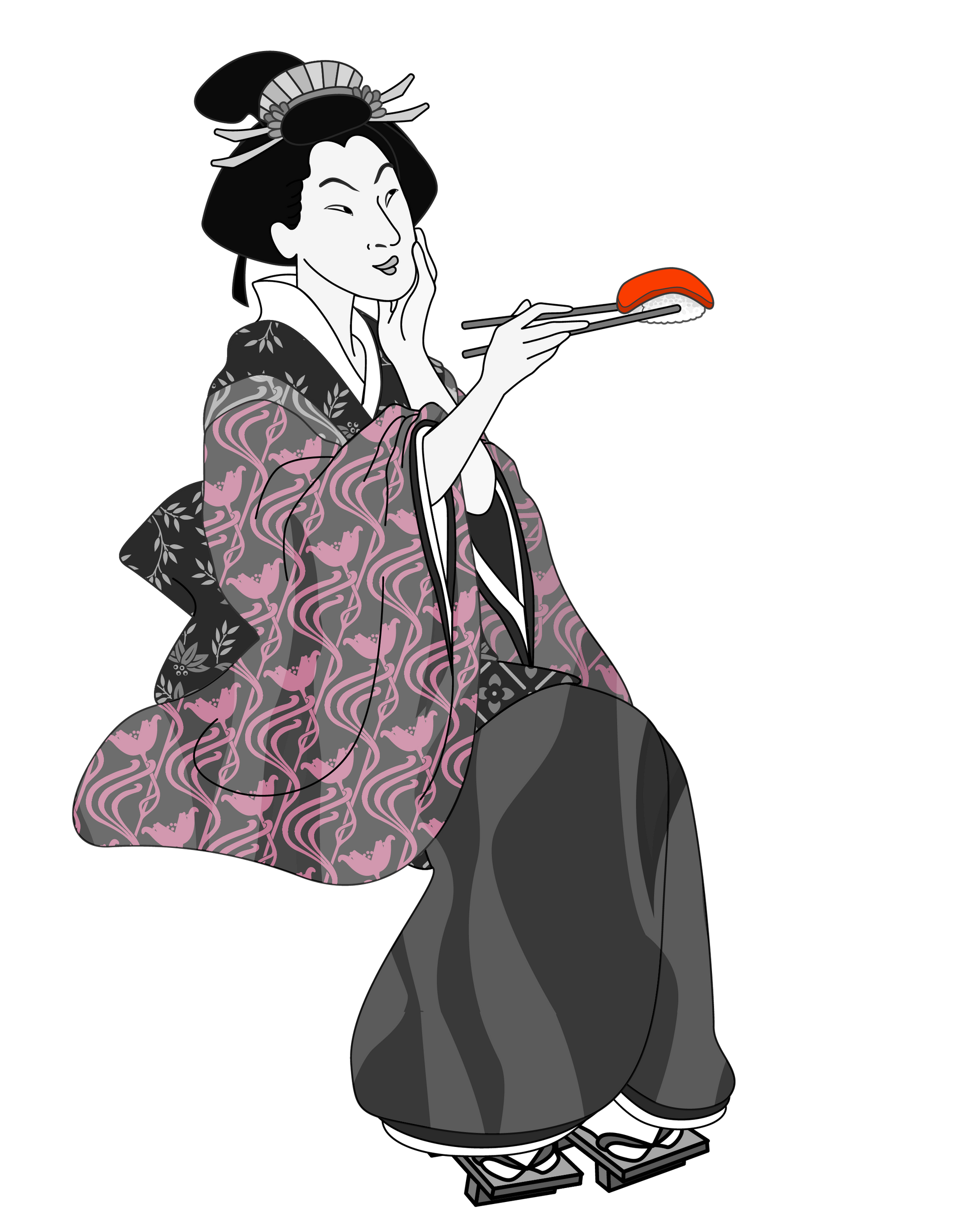 Illustration of a kimono-clad figure holding chopsticks with a small sushi piece, in black, pink, and gray.