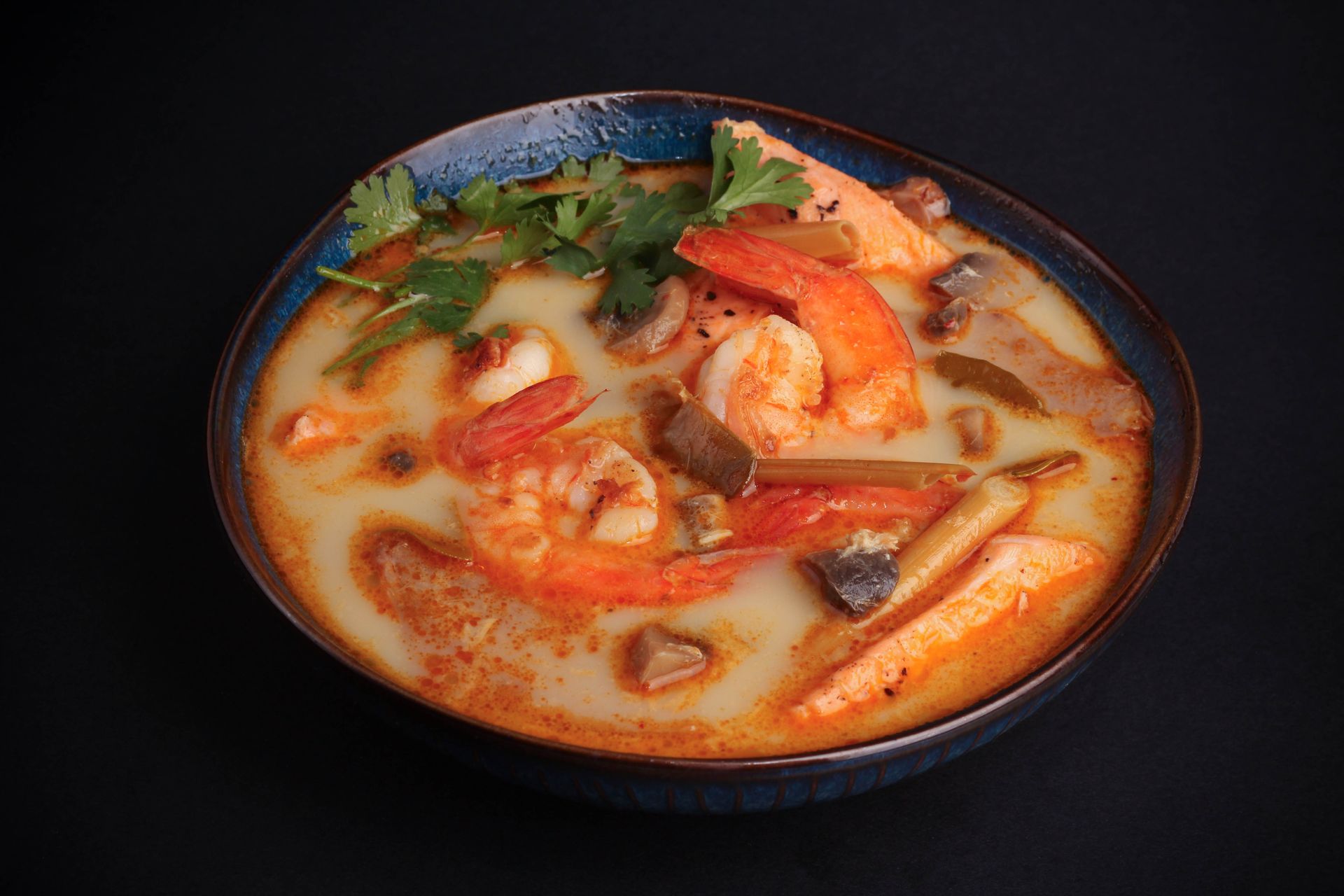 Sushi Restaurant | Finding Sushi | Bowl of shrimp curry soup with herbs and mushrooms on a dark background