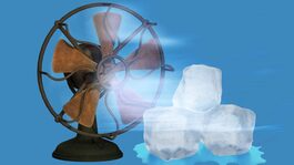 An old fan is blowing ice cubes on a blue background.