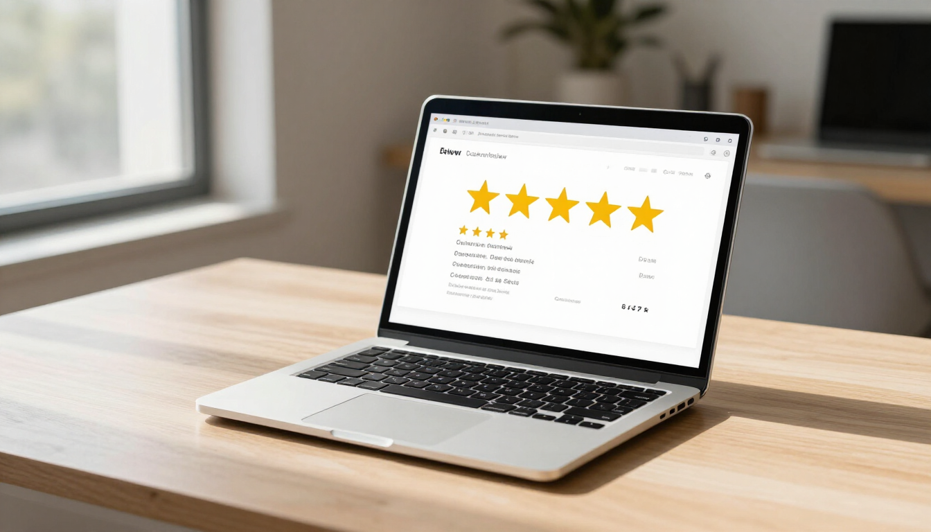 Professional business owner responding to customer reviews on a laptop