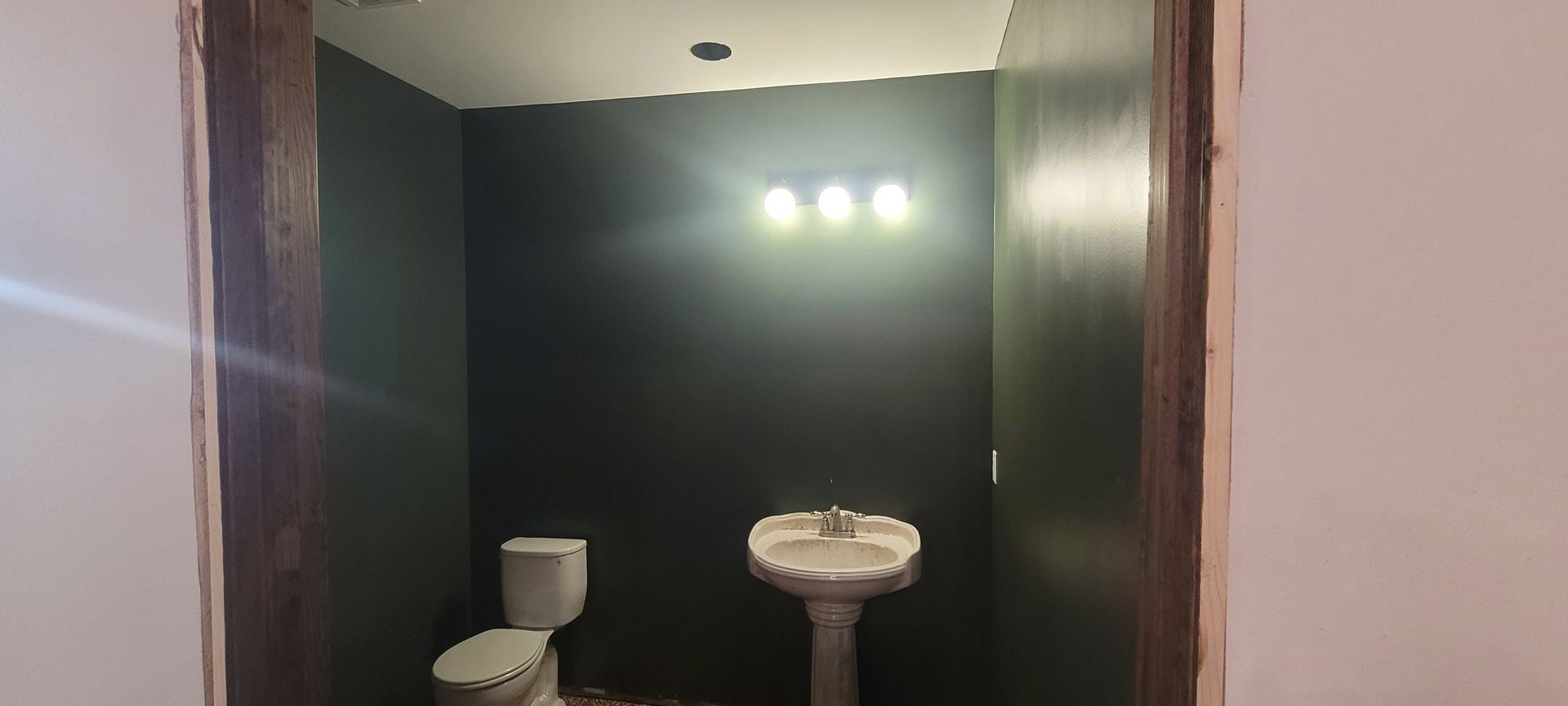 Small bathroom with dark walls, toilet, pedestal sink, and bright overhead lights.
