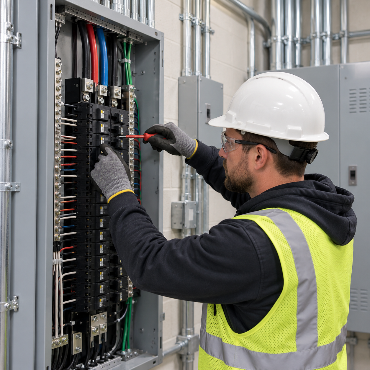 Electrician in hard hat wiring a control panel in a utility room