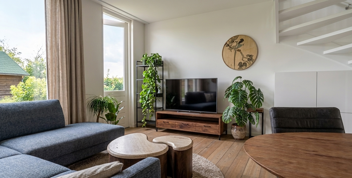 Gezellige woonkamer met grijze bank, ronde houten tafels, tv, planten en een grote wandklok bij een licht raam.
