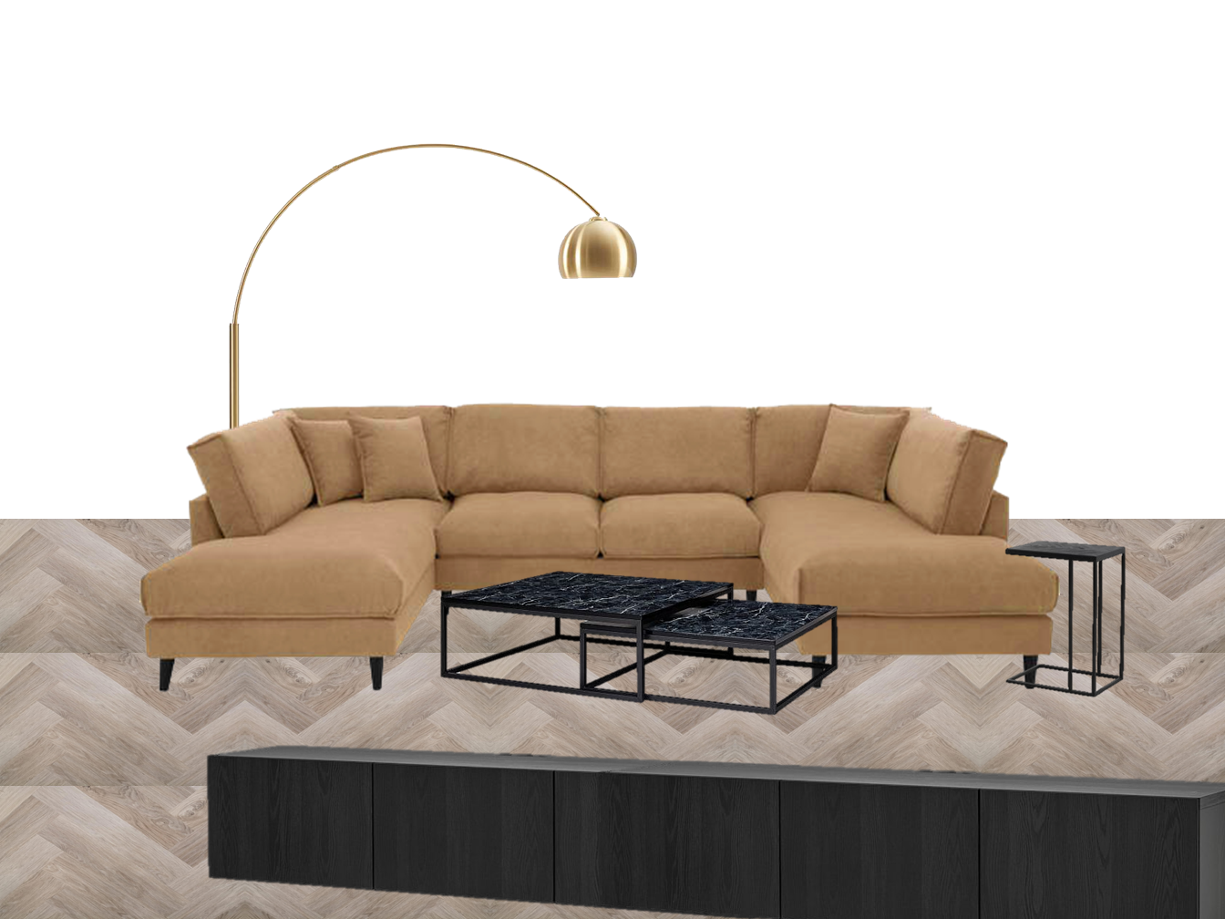 Een beige U-vormige hoekbank, marmeren salontafels en een messing booglamp op een visgraatvloer.