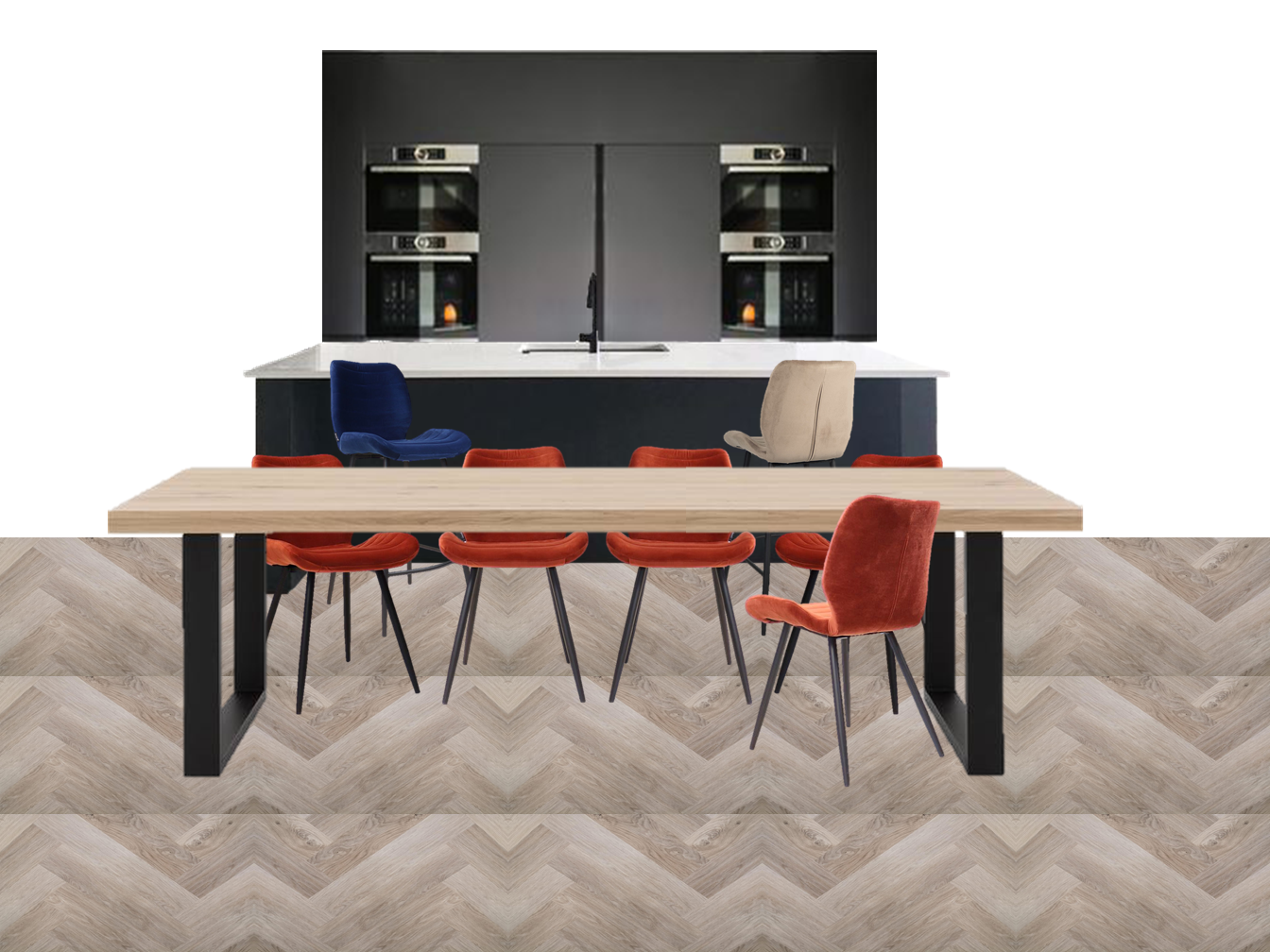 Een moderne keuken met een lichte houten eettafel en terracotta stoelen voor een donker kookeiland en ingebouwde ovens.