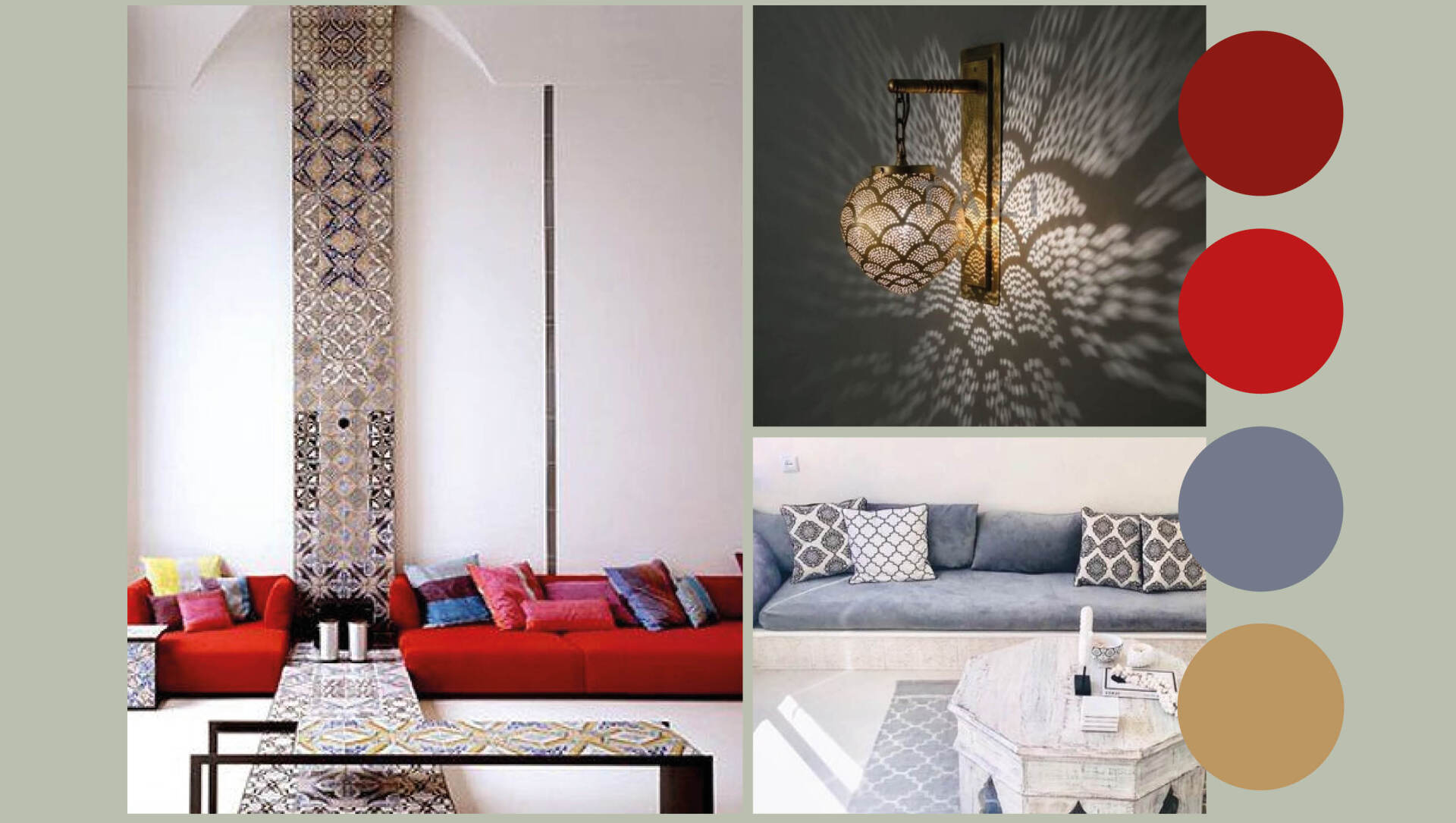 Een moodboard met twee moderne woonkamerontwerpen in de kleuren rood, blauw, grijs en beige, en decoratieve verlichting.