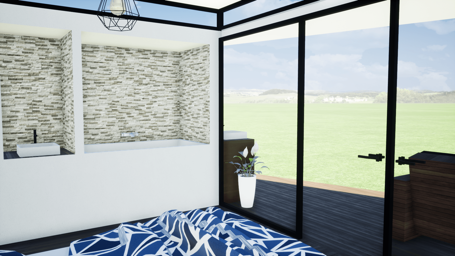 Een slaapkamer met een blauw patroonbed, stenen muurnissen met een wastafel en bad, en grote ramen met uitzicht.