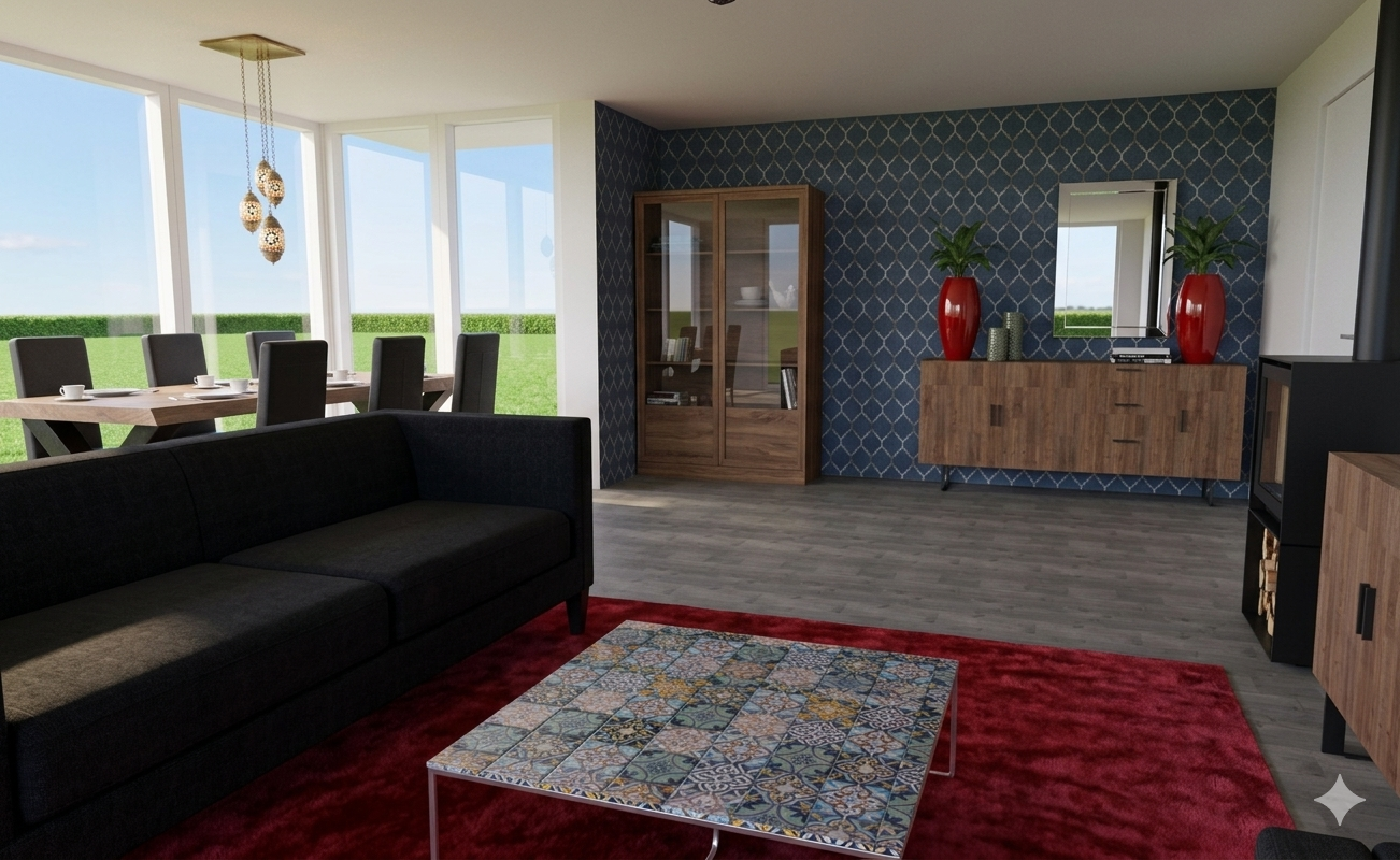 Een moderne woonkamer met een zwarte bank, een vloerkleed, een houten dressoir, een hoge vitrinekast en een eethoek ernaast.