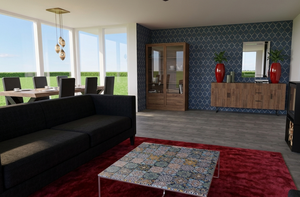 Een 3D-weergave van een moderne woonkamer met twee zwarte banken, lichte houten kasten, en rode accenten 