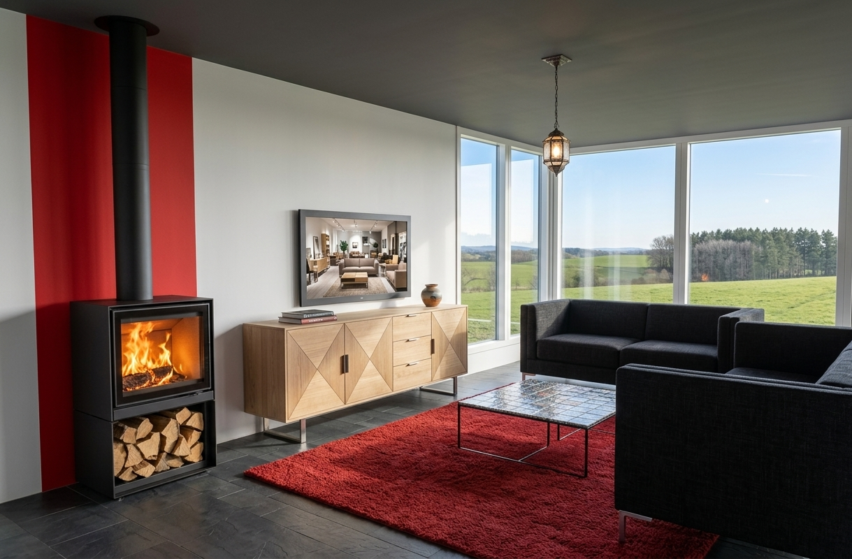 Moderne woonkamer met een open haard, een houten console, een donkere bank en een rood vloerkleed tegen wit-rode muren.