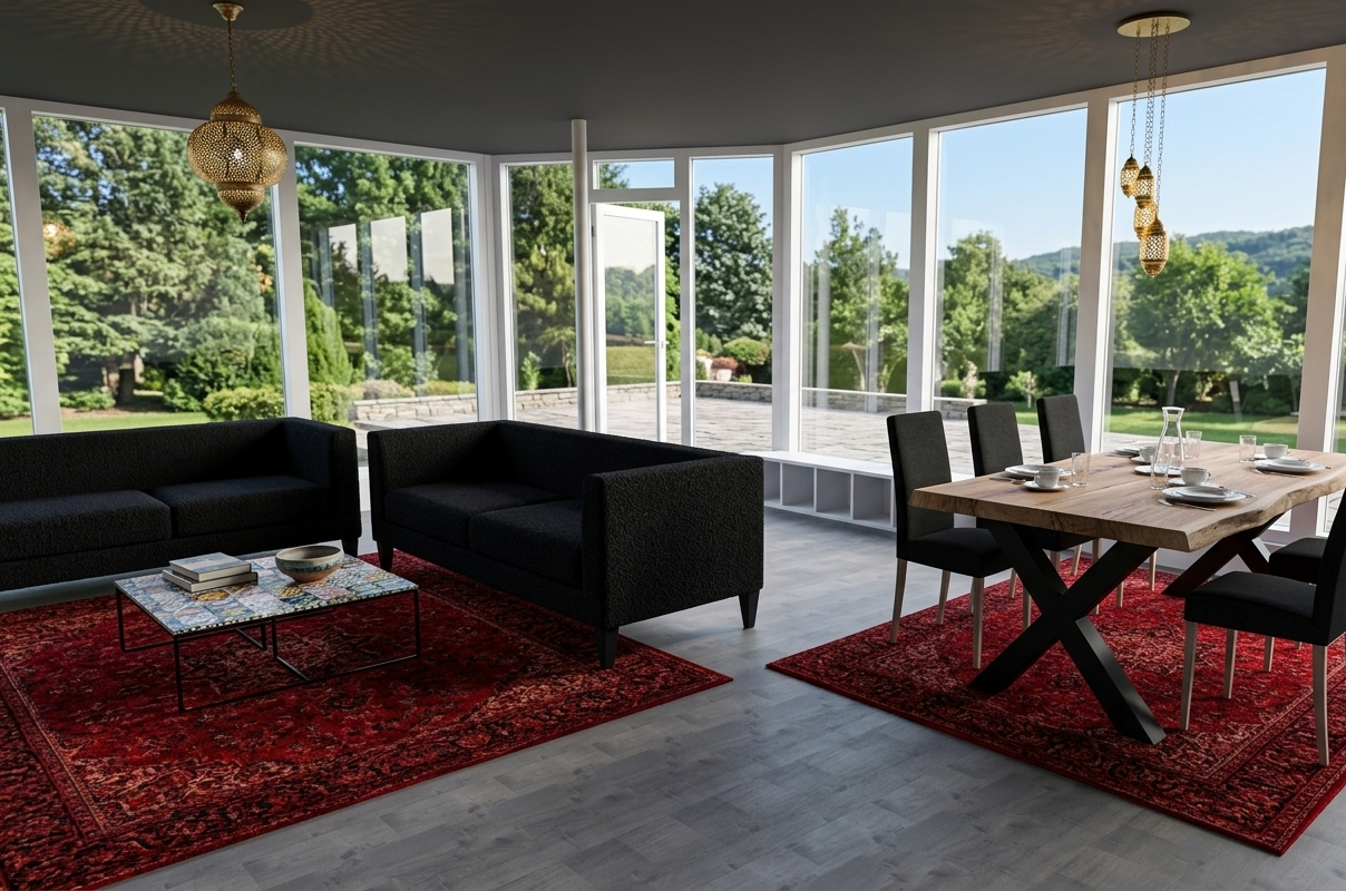 Een eetkamerinrichting met een houten tafel, zwarte kruispoten en stoelen op een rood tapijt, geplaatst bij grote ramen.