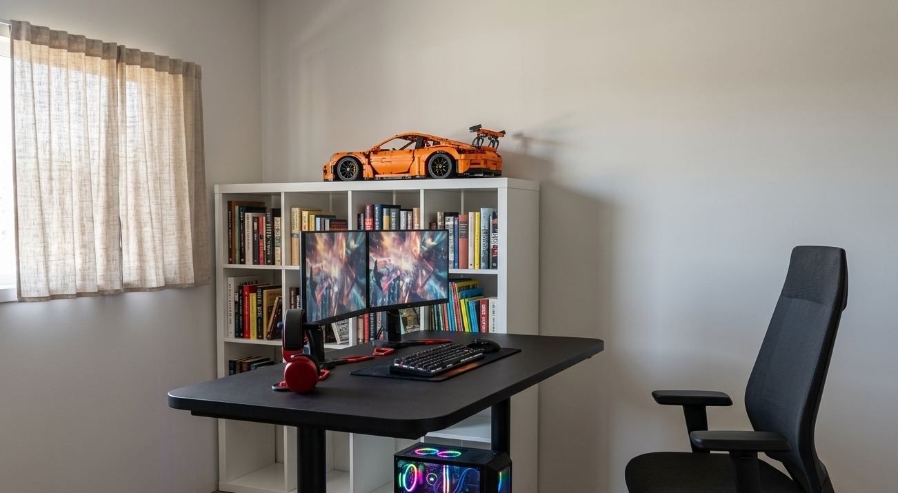 Een gamingbureau met twee monitoren, een pc-kast en een oranje modelauto op een witte boekenkast tegen een effen muur.